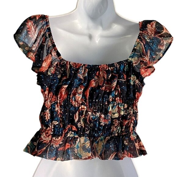 Express Ruffle Sleeve Floral Print Cropped Top XS - Picture 3 of 9